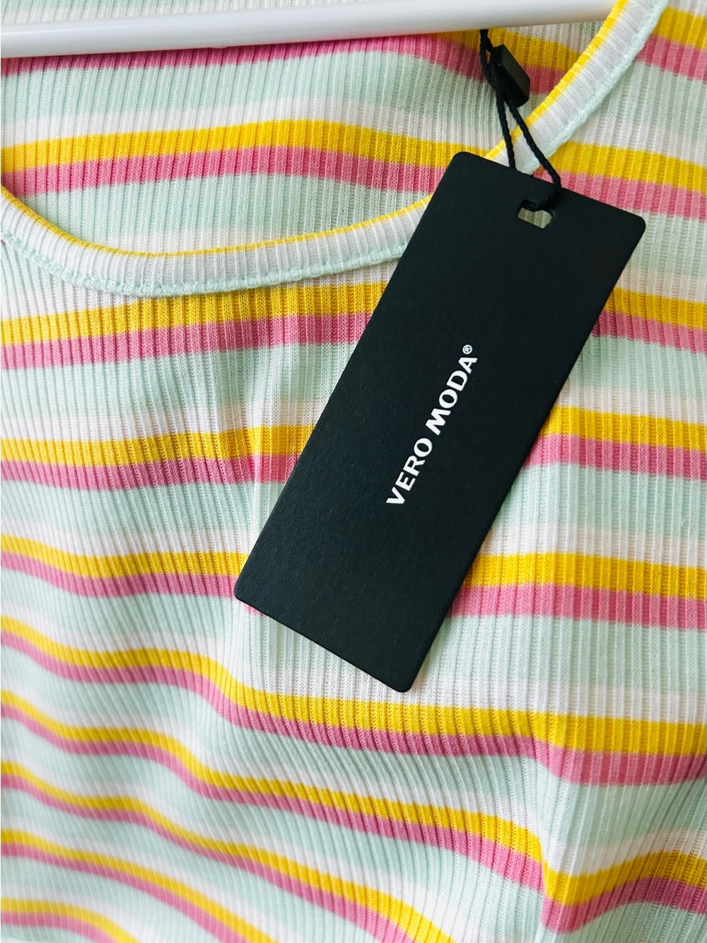 Vero Moda Ribbed Stripe Tank Dress in White, Yellow & Pink - Picture 5 of 7